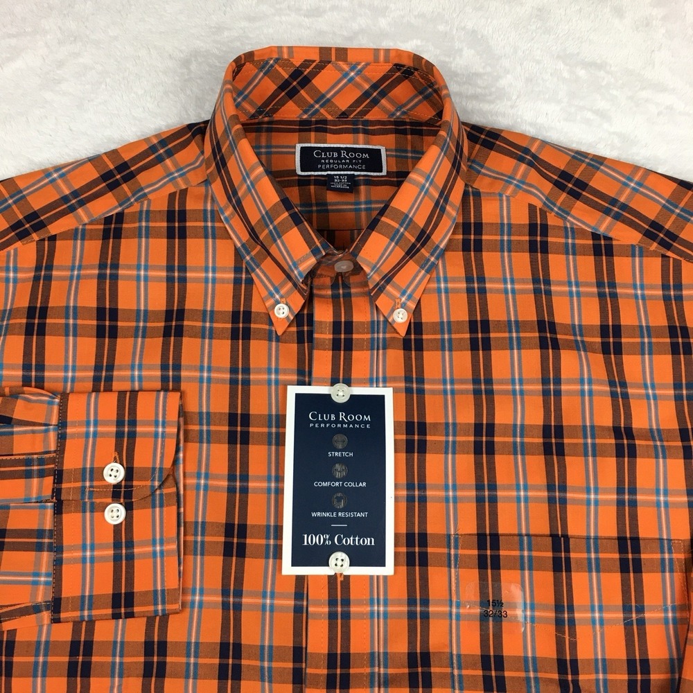 Club Room Performance Shirt Mens 15.5-32/33 Orange/Blue Plaid Regular NWT!